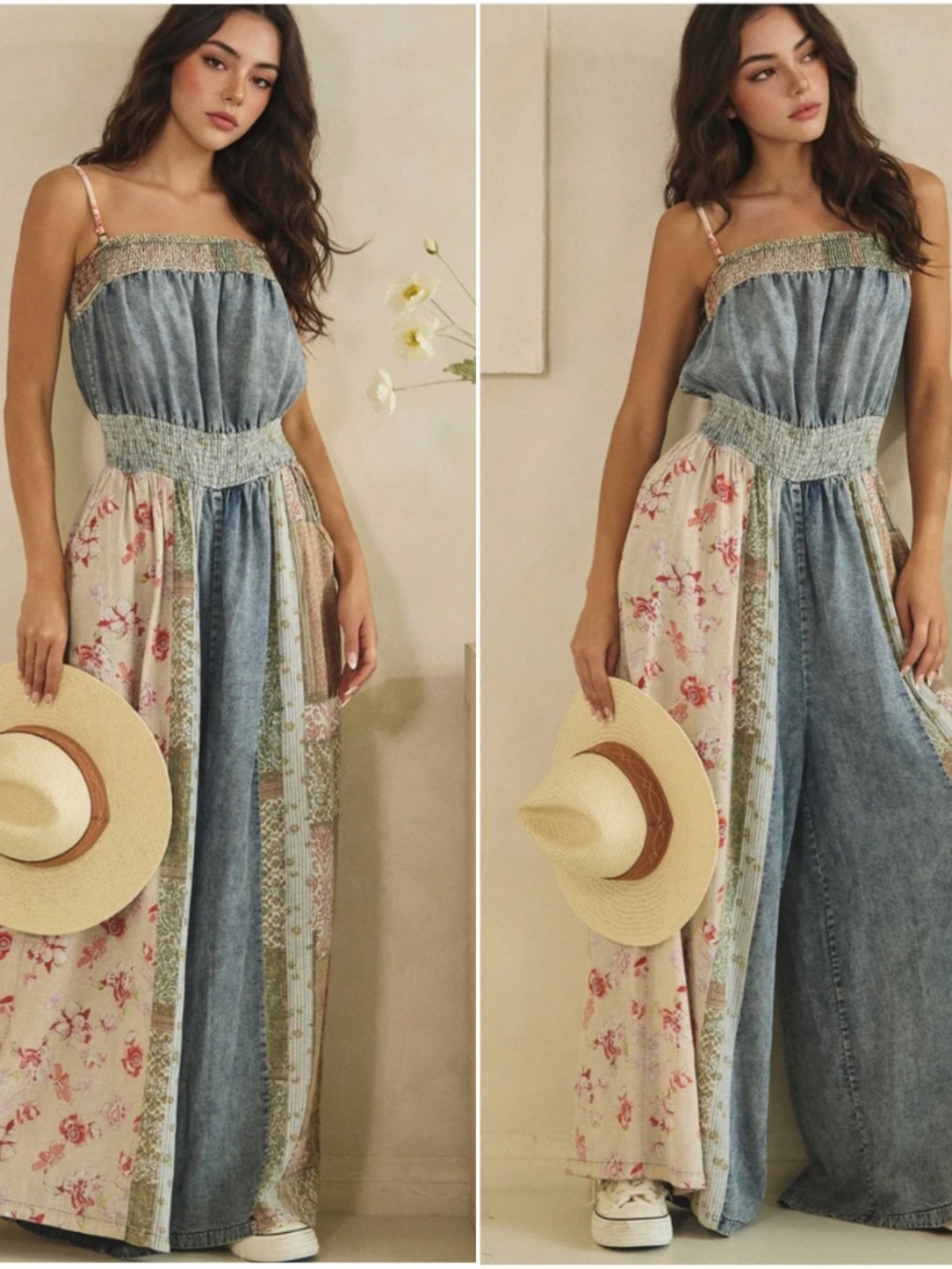 Oli & Hali Floral Print Mineral Wash Wide leg Bib Jumpsuit